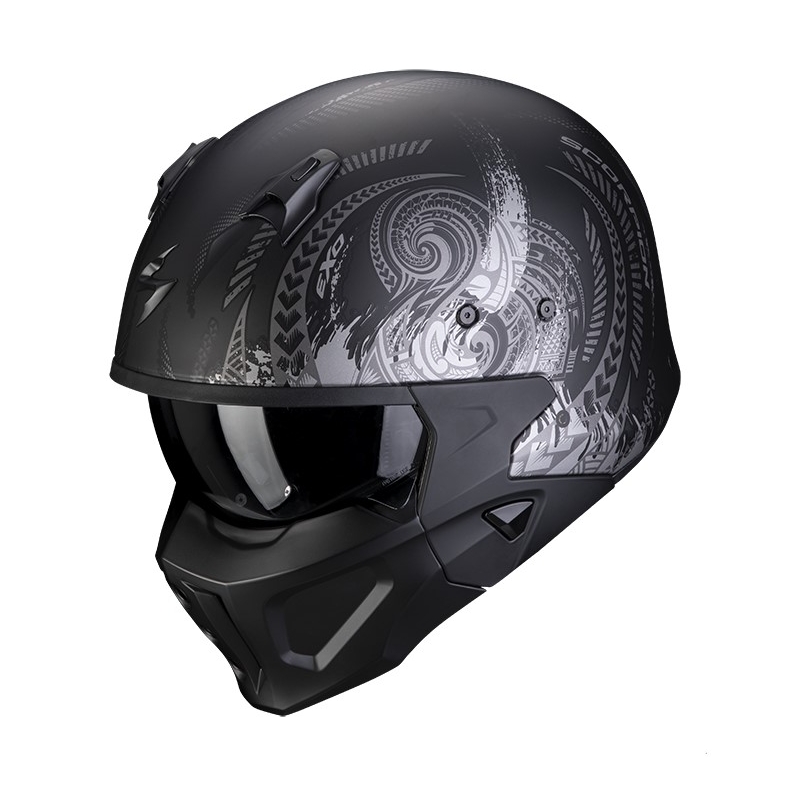 Motorradhelm SCORPION COVERT-X TATTOO matt schwarz-silber