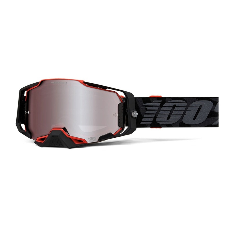 Motocrossbrille 100% ARMEGA Renen HIPER rot-schwarz camo (silbernes Plexiglas)