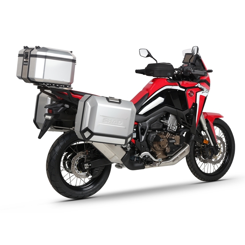 Complete set of aluminum cases SHAD TERRA, 48L topcase + 36L / 47L side cases, including mounting kit and plate SHAD HONDA CRF 1100 Africa Twin