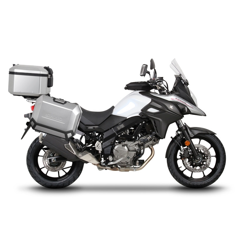 Complete set of aluminum cases SHAD TERRA, 37L topcase + 47L / 47L side cases, including mounting kit and plate SHAD SUZUKI DL 650 V-Strom