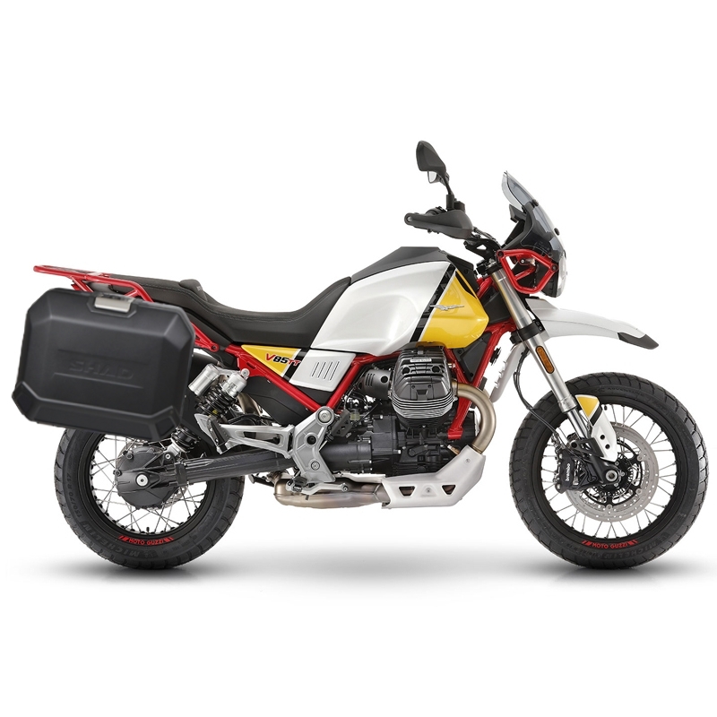 Complete set of black side aluminum cases 36L / 47L SHAD TERRA BLACK including mounting kit SHAD MOTO GUZZI V 85 TT
