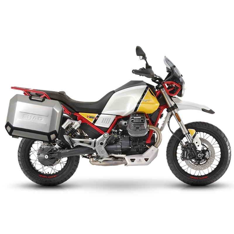Complete set of black side aluminum cases 36L / 47L SHAD TERRA BLACK including mounting kit SHAD MOTO GUZZI V 85 TT