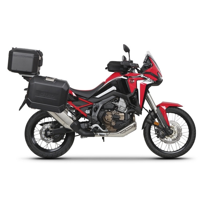 Complete set of black aluminum cases SHAD TERRA, 37L topcase + 36L / 47L side cases, including mounting kit and plate SHAD HONDA CRF 1100 Africa Twin