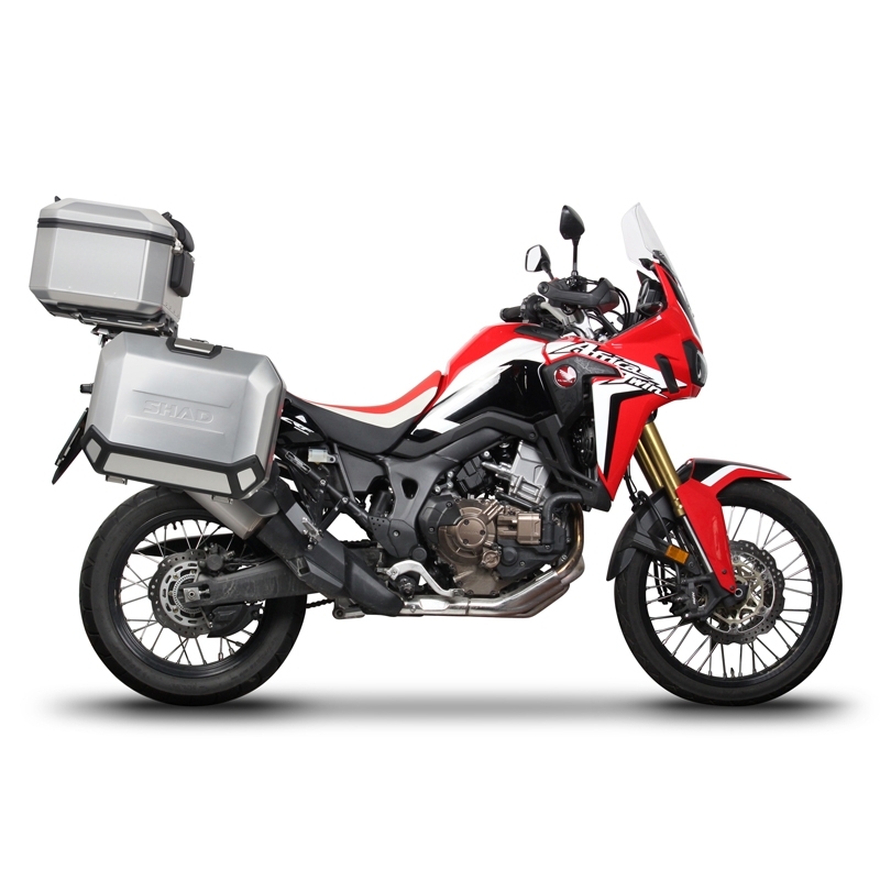 Complete set of black aluminum cases SHAD TERRA, 37L topcase + 36L / 47L side cases, including mounting kit and plate SHAD HONDA CRF 1000  Africa Twin