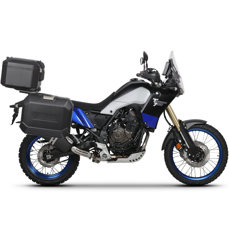 Complete set of black aluminum cases SHAD TERRA, 37L topcase + 36L / 47L side cases, including mounting kit and plate SHAD YAMAHA Tenere 700 XTZ690