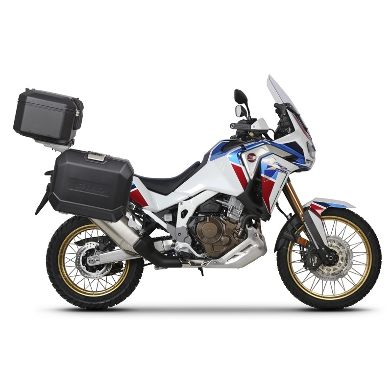 Complete set of black aluminum cases SHAD TERRA, 48L topcase + 36L / 47L side cases, including mounting kit and plate SHAD HONDA CRF 1100 Africa Twin