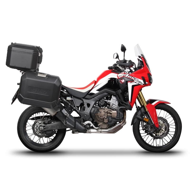 Complete set of black aluminum cases SHAD TERRA, 48L topcase + 36L / 47L side cases, including mounting kit and plate SHAD HONDA CRF 1000  Africa Twin