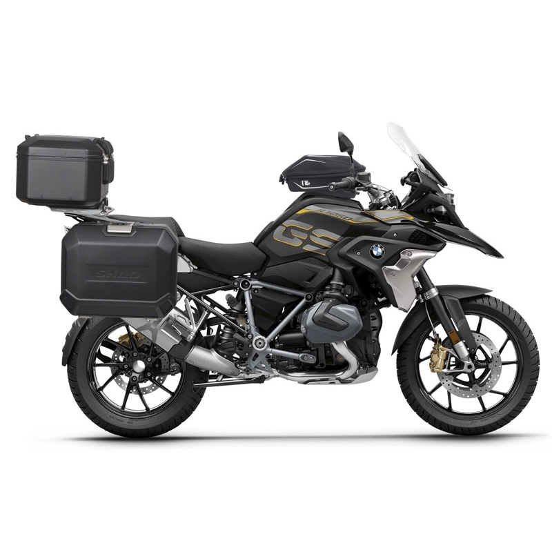 Complete set of black aluminum cases SHAD TERRA, 48L topcase + 36L / 47L side cases, including mounting kit and plate SHAD R 1200 GS Adventure/ R 1250 GS Adventure
