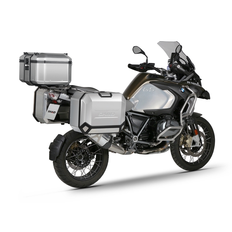 Complete set of black aluminum cases SHAD TERRA, 48L topcase + 36L / 47L side cases, including mounting kit and plate SHAD R 1200 GS Adventure/ R 1250 GS Adventure