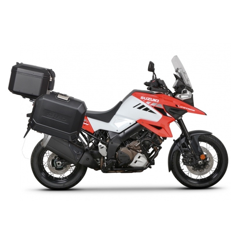 Complete set of aluminum cases SHAD TERRA BLACK, 37L topcase + 47L / 47L side cases, including mounting kit and plate SHAD SUZUKI DL 1000 V-Strom/ DL 1050 V-Strom