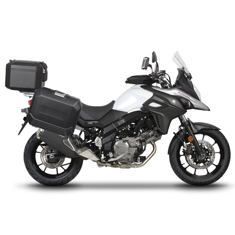 Complete set of aluminum cases SHAD TERRA BLACK, 48L topcase + 47L / 47L side cases, including mounting kit and plate SHAD SUZUKI DL 650 V-Strom