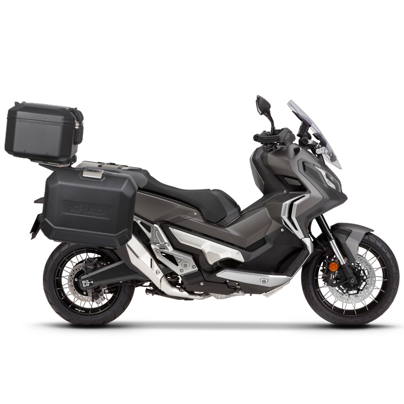 Complete set of aluminum cases SHAD TERRA BLACK, 48L topcase + 47L / 47L side cases, including mounting kit and plate SHAD HONDA X-ADV 750