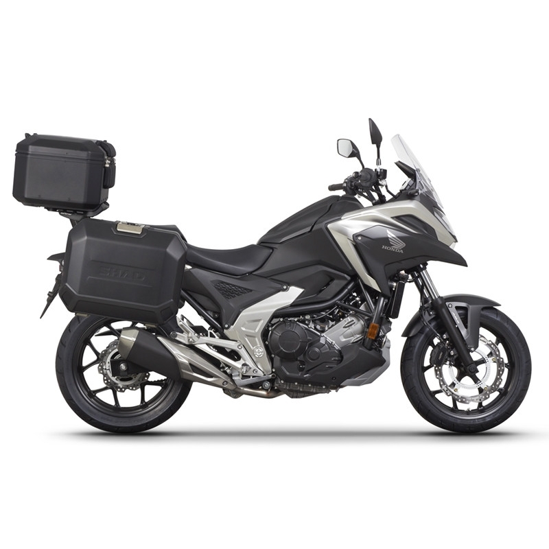 Complete set of aluminum cases SHAD TERRA BLACK, 37L topcase + 36L / 36L side cases, including mounting kit and plate SHAD HONDA NC 750 X 2021-