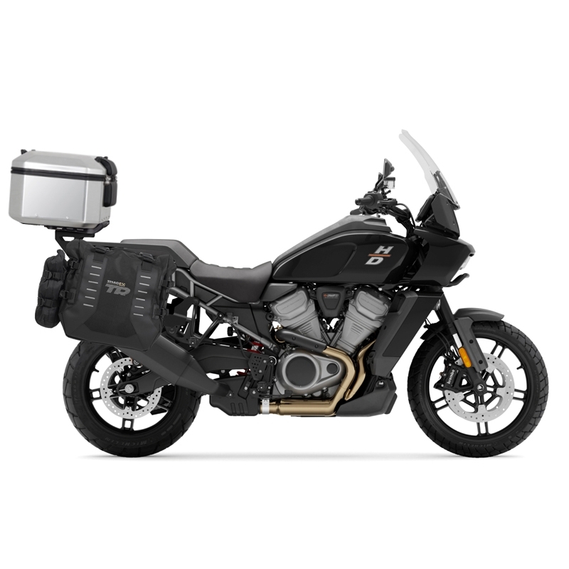 Complete set of SHAD TERRA TR40 adventure saddlebags and SHAD TERRA aluminium 48L topcase, including mounting kit SHAD Harley Davidson Pan America 1250