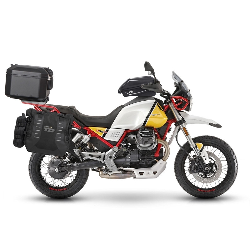 Complete set of SHAD TERRA TR40 adventure saddlebags and SHAD TERRA BLACK aluminium 48L topcase, including mounting kit SHAD MOTO GUZZI V 85 TT