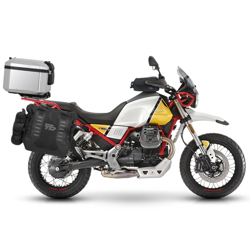 Complete set of SHAD TERRA TR40 adventure saddlebags and SHAD TERRA aluminium 48L topcase, including mounting kit SHAD MOTO GUZZI V 85 TT