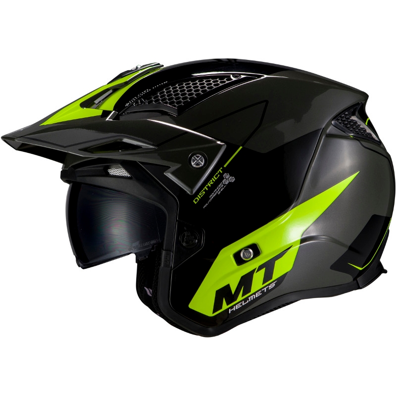 MT District SV Summit E3 open trials Motorradhelm schwarz-fluo grün