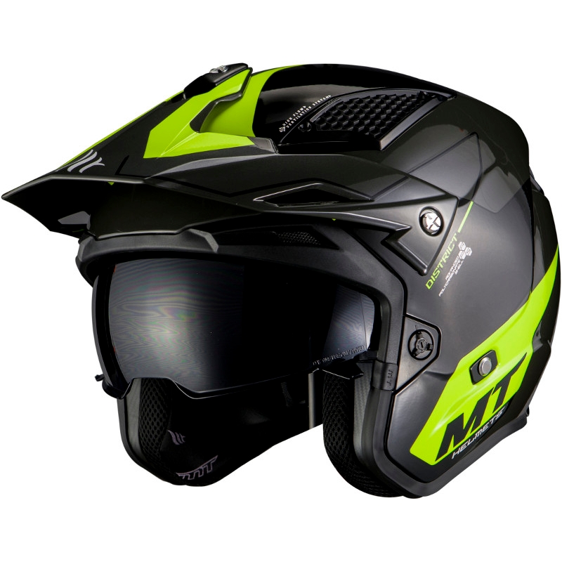 MT District SV Summit E3 open trials Motorradhelm schwarz-fluo grün