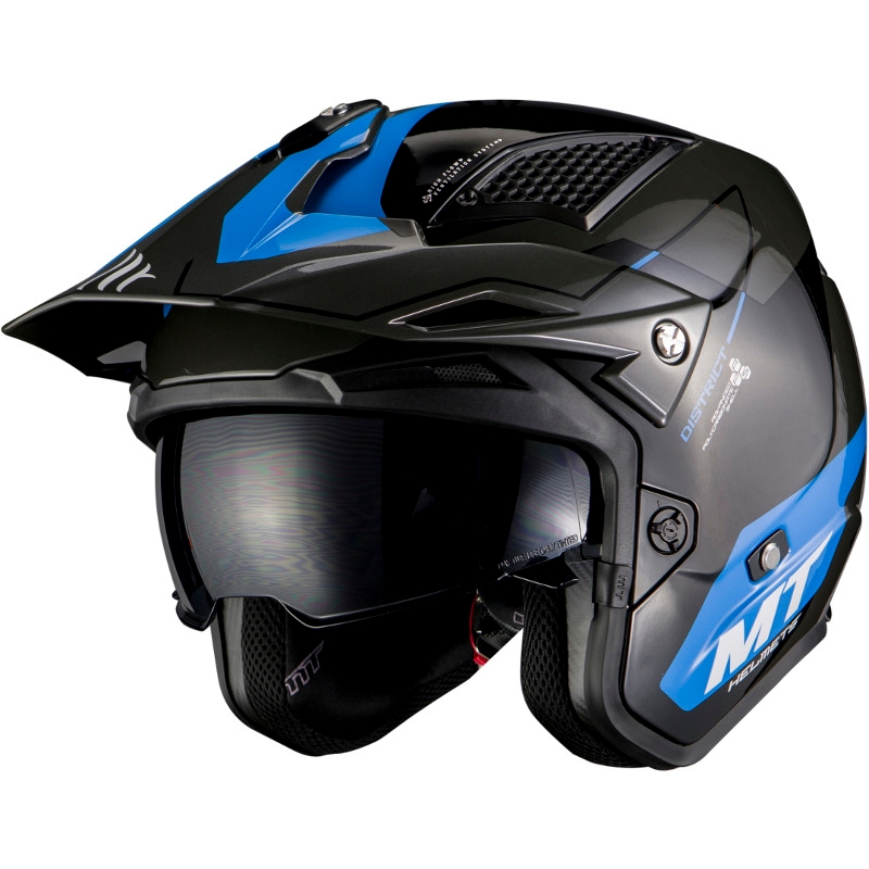 MT District SV Summit F7 open trials Motorradhelm schwarz und blau