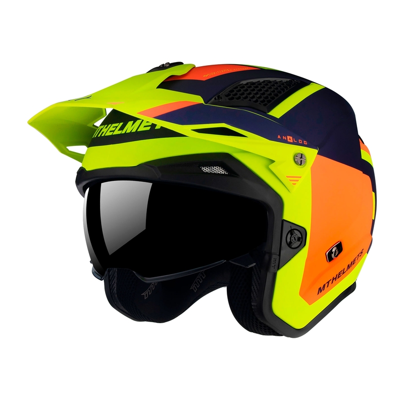 MT District SV Analog D27 blau-orange-fluo gelb offener Trial Motorradhelm