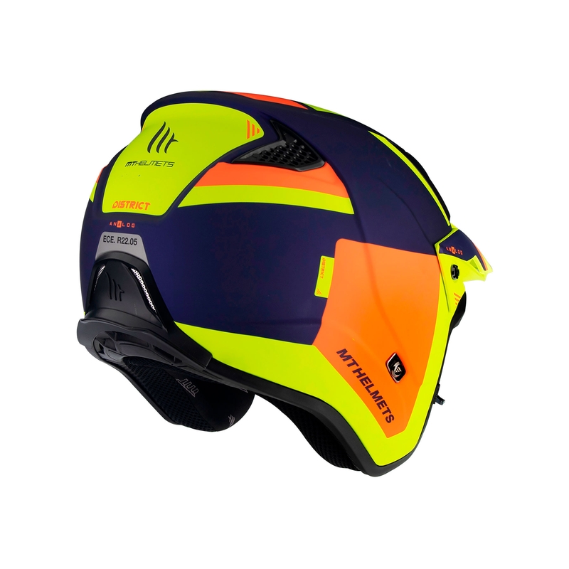 MT District SV Analog D27 blau-orange-fluo gelb offener Trial Motorradhelm