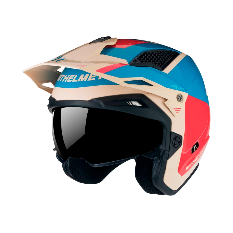 MT District SV Analog D7 open Trials Motorradhelm rot-blau-beige