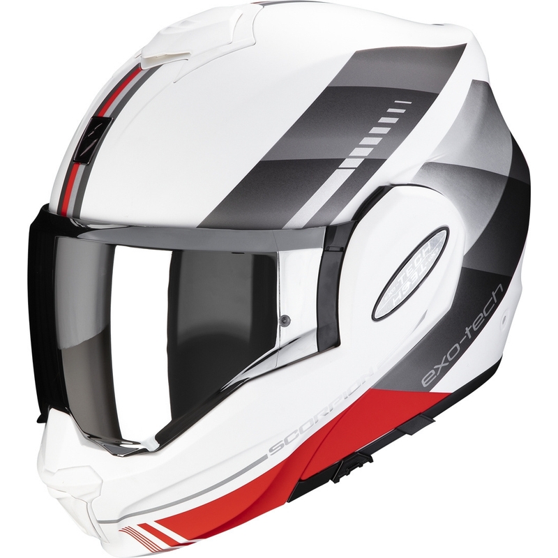 Klappbarer Motorradhelm Scorpion EXO-TECH EVO Genre weiß-silber-rot Ausverkauf
