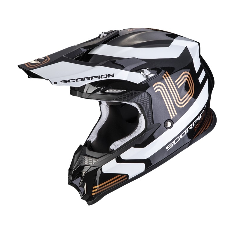 Motocross Helm Scorpion VX-16 EVO AIR TUB schwarz-weiß-gold metallic