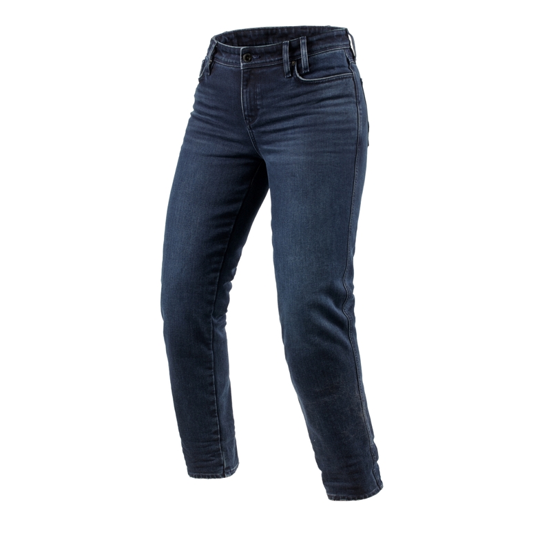 Gekürzte Motorradjeans für Damen Revit Violet BF gewaschen blau-schwarz