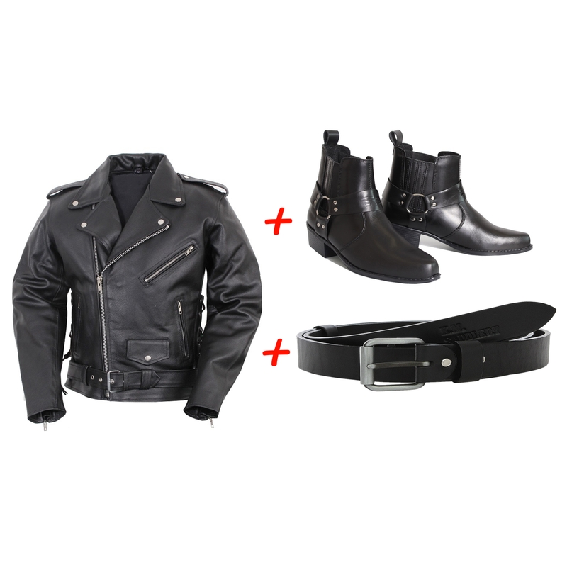 SET: RSA KW Pferdestiefel + RSA Classic Ledergürtel + RSA Krummlederjacke