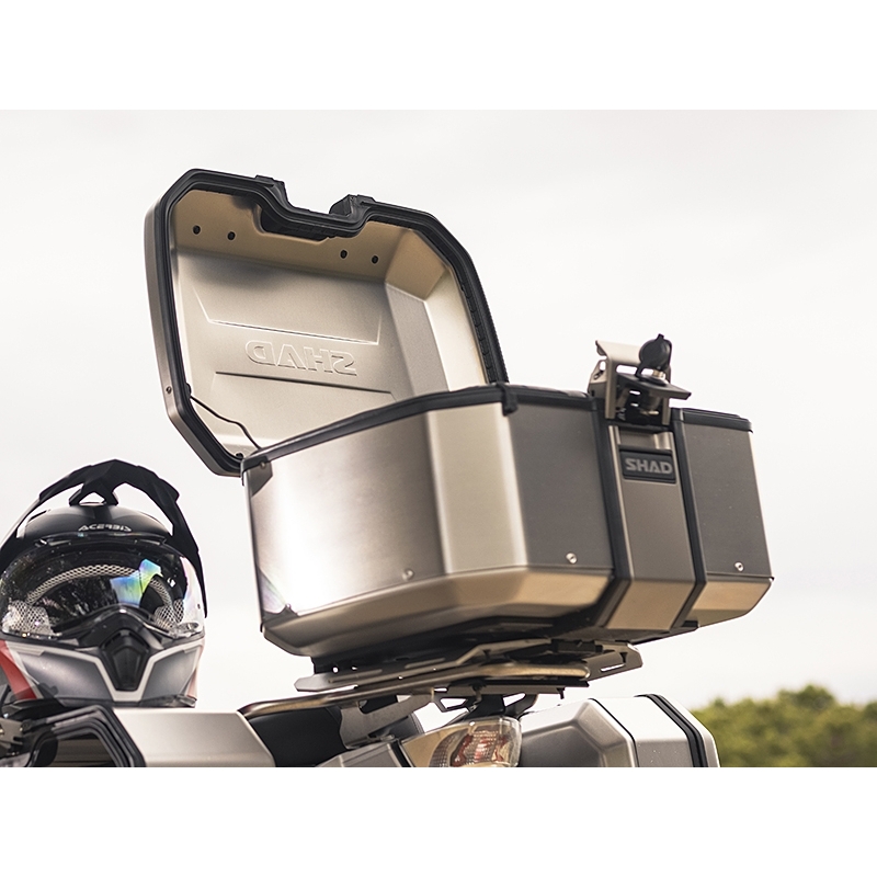 Complete set of aluminum cases SHAD TERRA, 55L topcase + 36L / 47L side cases, including mounting kit and plate SHAD Harley Davidson Pan America 1250