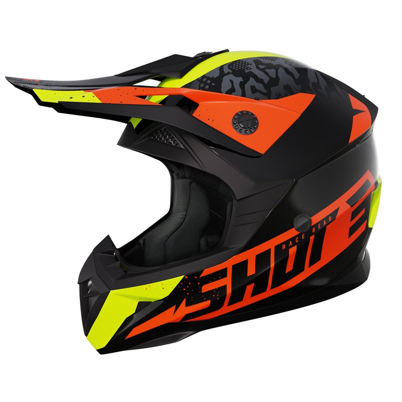Kinder-Motocross-Helm Shot Pulse Airfit glänzend schwarz-fluo gelb-orange Ausverkauf