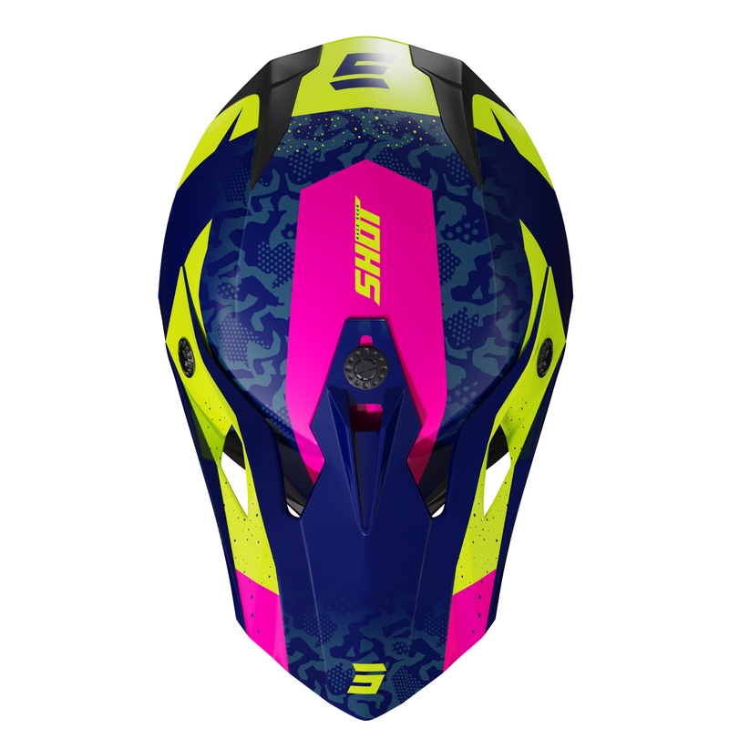 Kinder-Motocross-Helm Shot Pulse Airfit glänzend blau-fluo gelb-rosa Ausverkauf