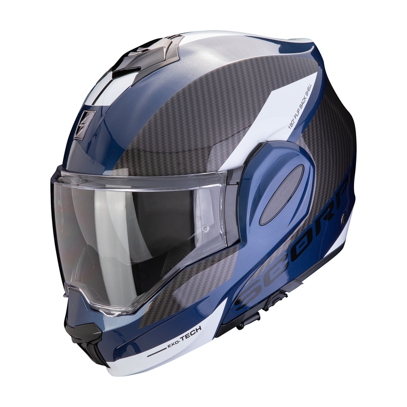 Klappbarer Motorradhelm Scorpion EXO-TECH EVO TEAM blau-schwarz-weiß Ausverkauf