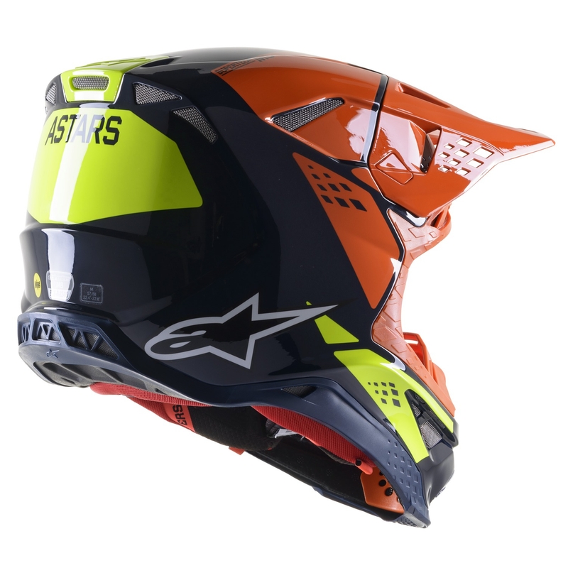 Alpinestars Supertech S-M8 Factory Motocross-Helm Dunkelblau-Orange-Fluogelb glänzend