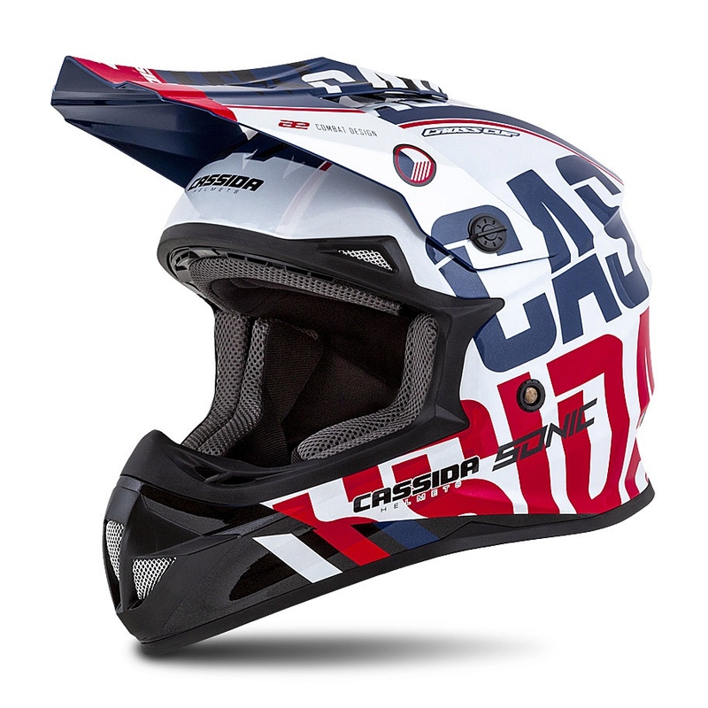 Kinder-Motocross-Helm Cassida Cross Cup Sonic Junior rot-blau-weiß-schwarz