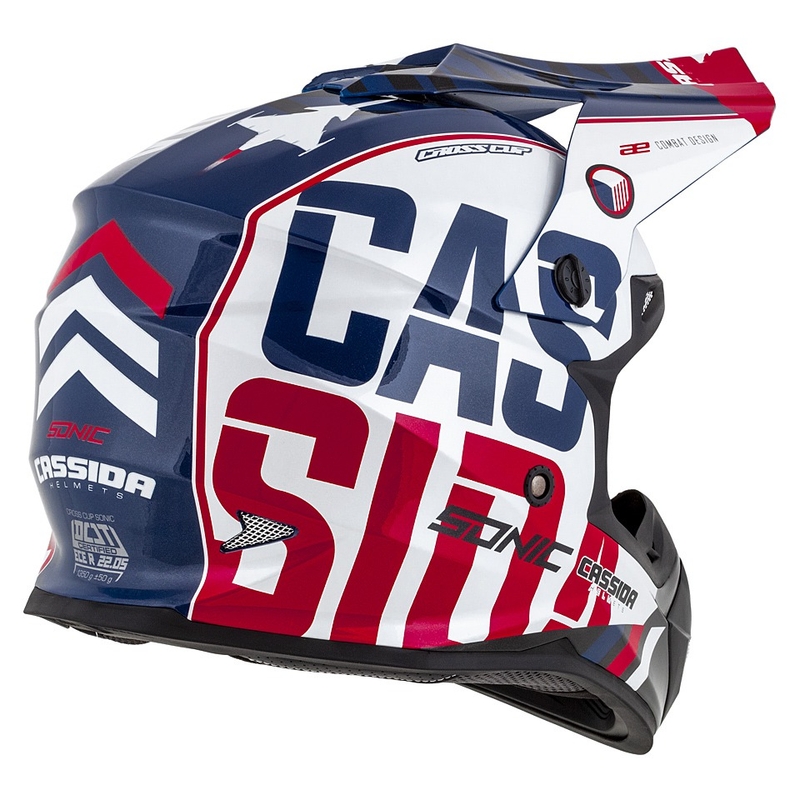 Kinder-Motocross-Helm Cassida Cross Cup Sonic Junior rot-blau-weiß-schwarz