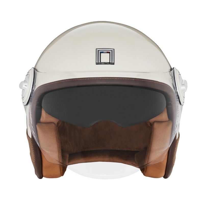 NOX PREMIUM Heritage Motorradhelm mit offenem Gesicht, Cremeweiß mit braunem Leder