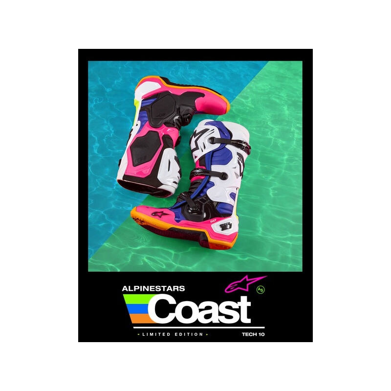 Alpinestars Tech 10 Limited Edition Coast Motorradstiefel Weiß-Marineblau-Pink-Fluo Gelb-Orange-Schwarz
