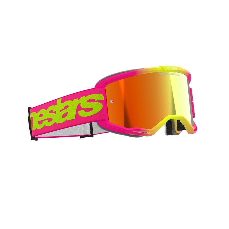 Alpinestars Vision 5 Wordmark Motocross-Brille in Pink-Fluo-Gelb mit verspiegeltem rotem Plexiglas