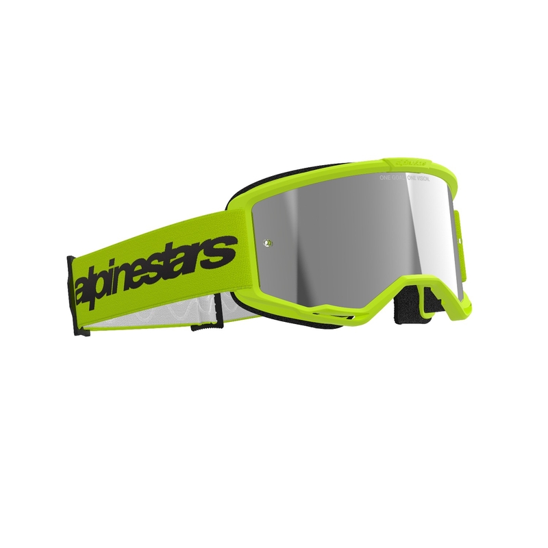 Motocross-Brille Alpinestars Vision 3 Wordmark fluo gelb mit reflektierendem silbernem Plexiglas