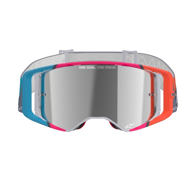 Motocross-Brille Alpinestars Supertech Stream grau-multicolor mit verspiegelten silbernen Gläsern