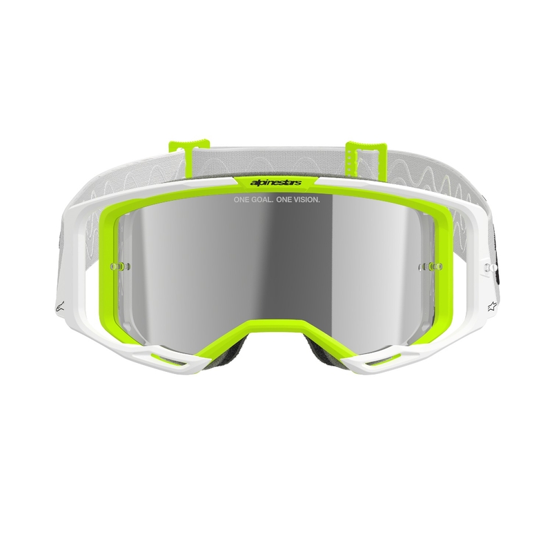 Alpinestars Vision 8 Wordmark Weiß-Fluo Gelbe Motocross-Brille mit verspiegelten silbernen Gläsern