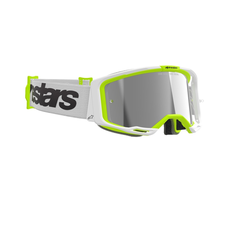 Alpinestars Vision 8 Wordmark Weiß-Fluo Gelbe Motocross-Brille mit verspiegelten silbernen Gläsern