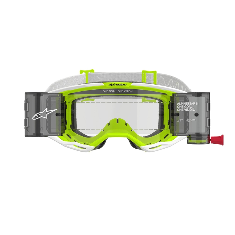 Motocross-Brille Alpinestars Vision 8 Wordmark ROLL-OFF Wide Vision weiß-fluo gelb mit klarer Linse