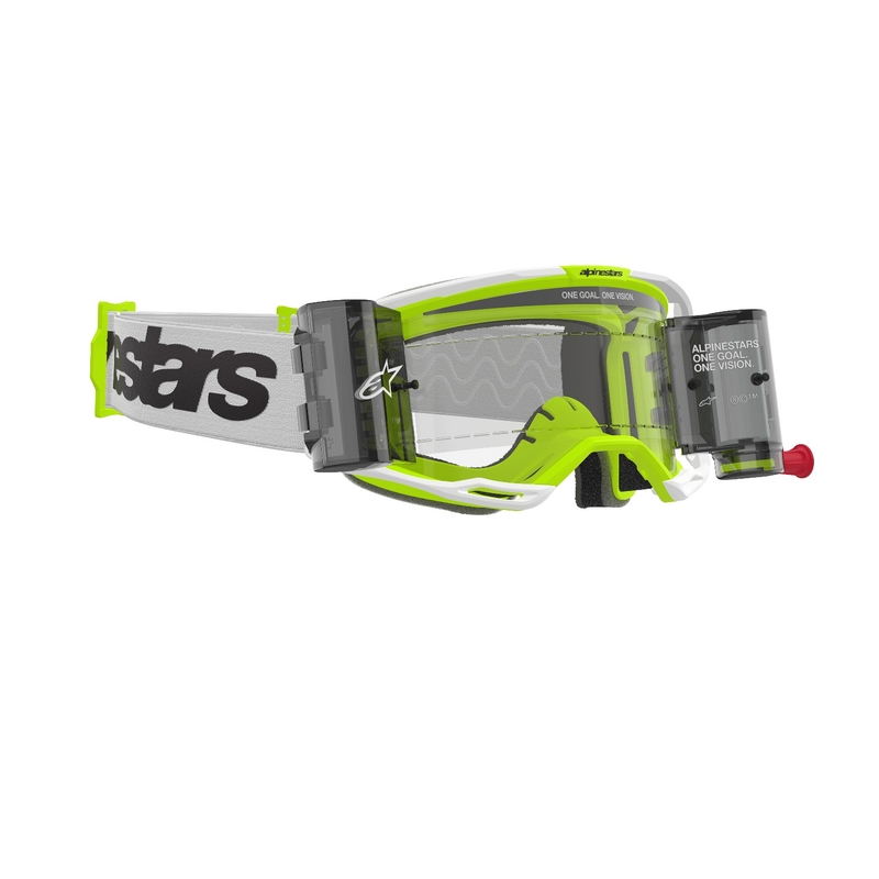 Motocross-Brille Alpinestars Vision 8 Wordmark ROLL-OFF Wide Vision weiß-fluo gelb mit klarer Linse