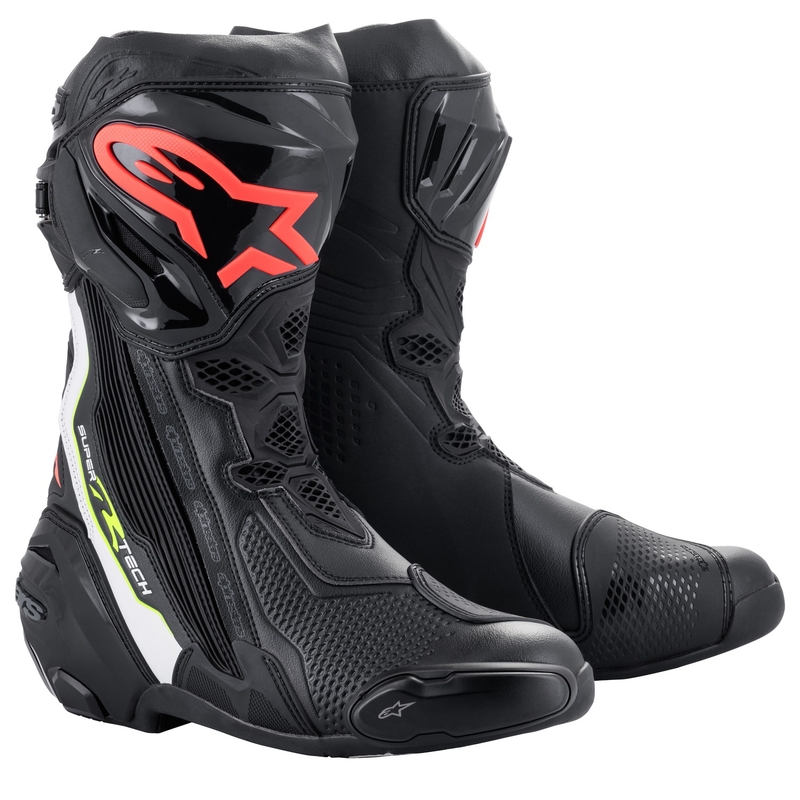 Alpinestars Supertech R Motorradstiefel Schwarz-Weiß-Fluorot-Fluogelb