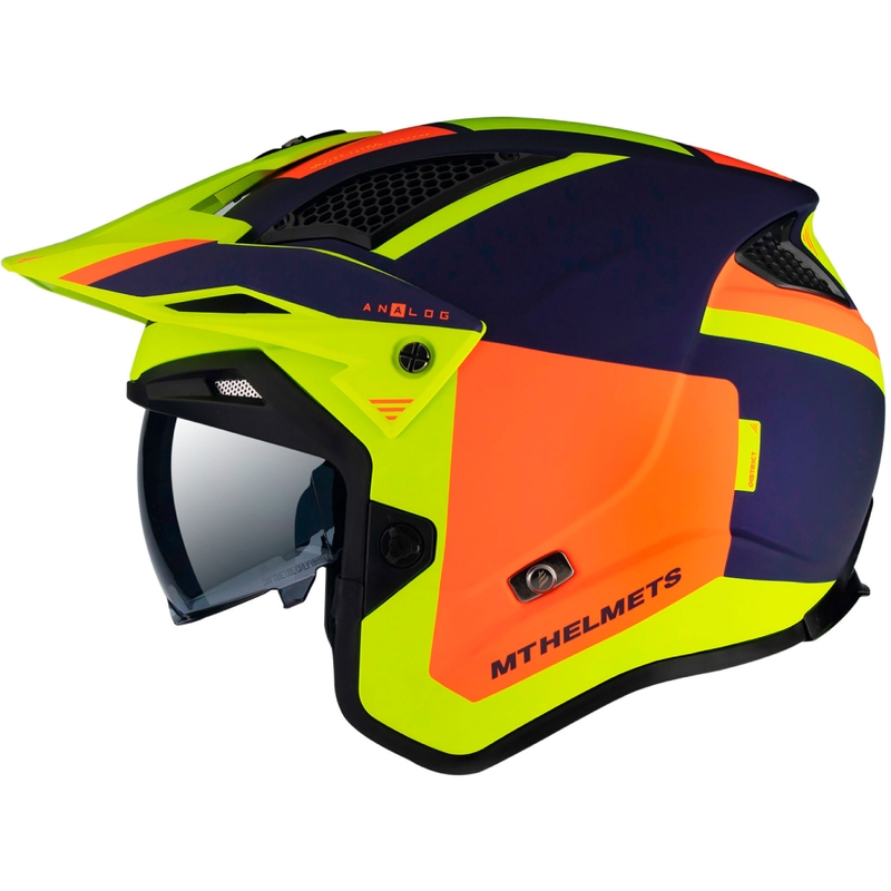 MT District SV Analog D27 blau-orange-fluo gelb offener Trial Motorradhelm