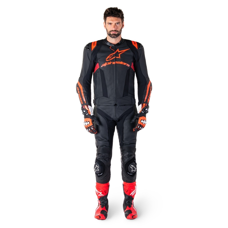 Alpinestars Missile 3 Ignition Leder-Motorradjacke Schwarz-Fluorot-Dunkelrot