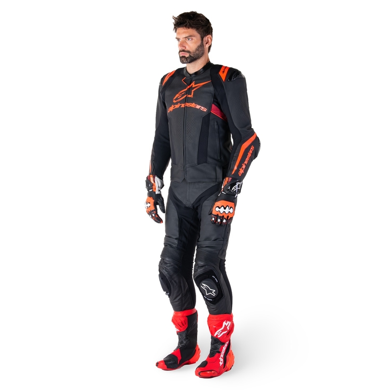 Alpinestars Missile 3 Ignition Leder-Motorradjacke Schwarz-Fluorot-Dunkelrot